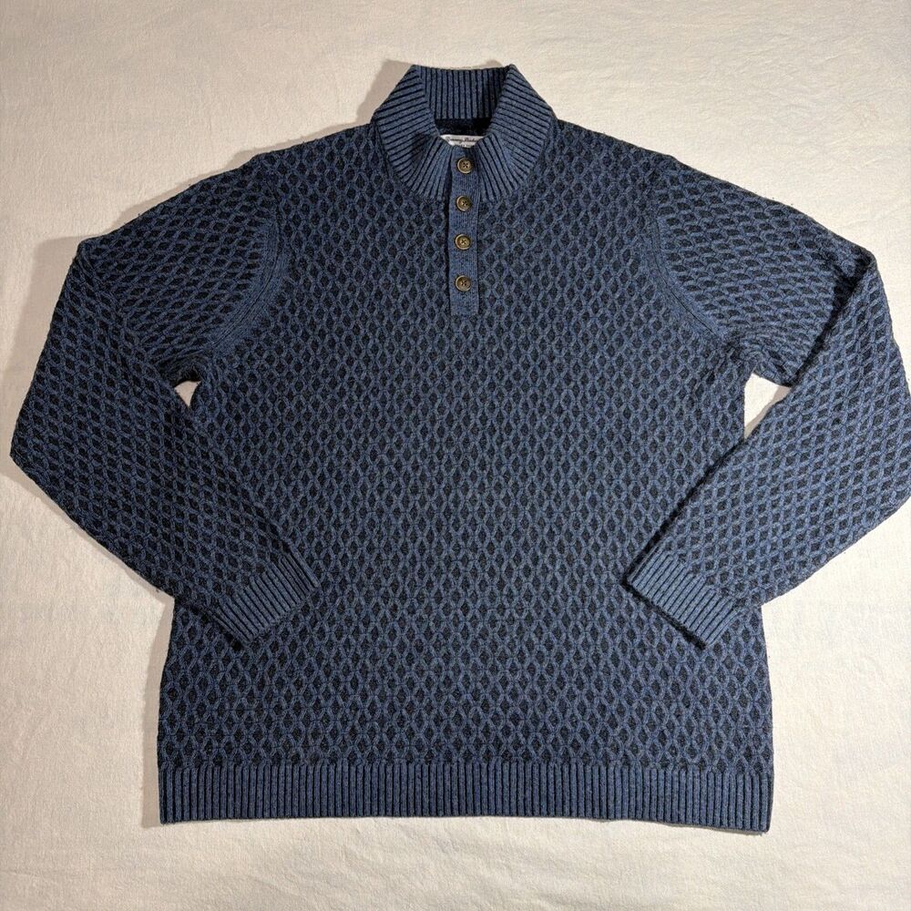 Tommy Bahama Sweater Mens XL Blue Henley Mock Neck Luxury Yarns Geometric